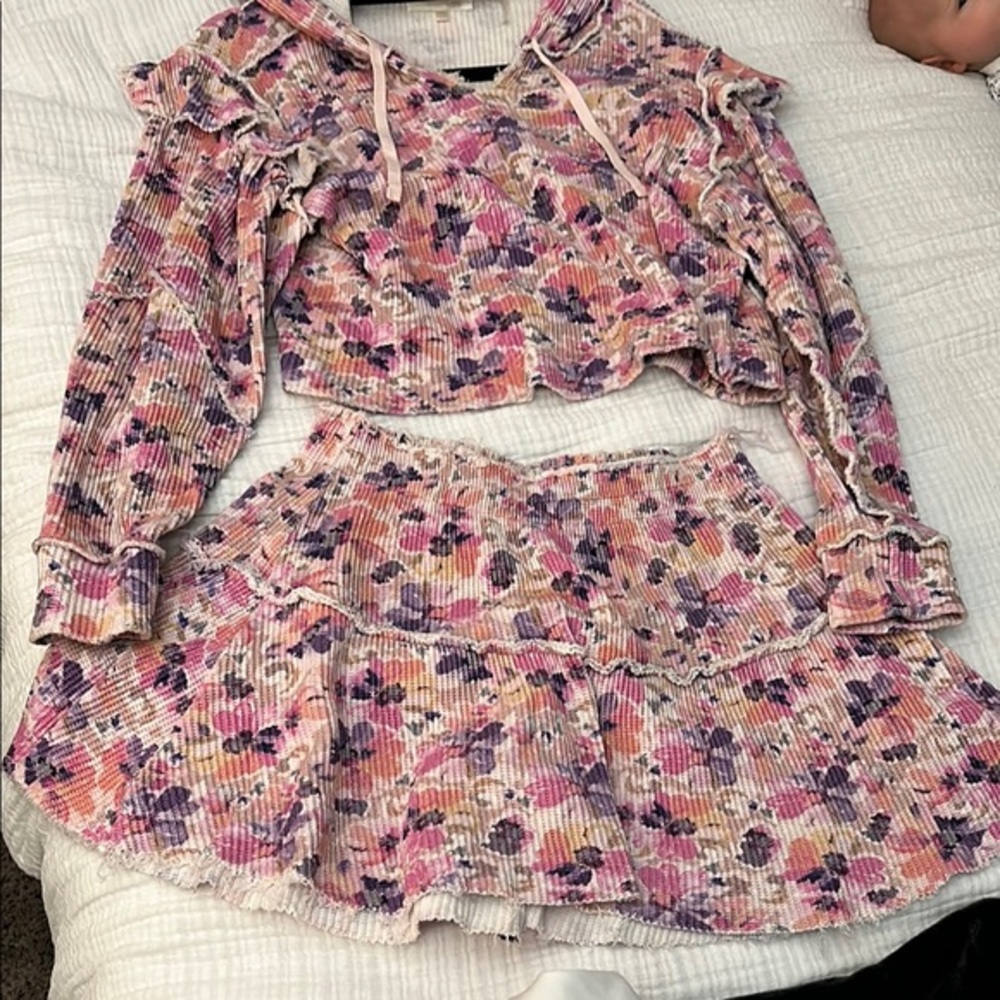 LoveShackFancy Knit Cropped Sweatshirt and Skirt Set in Waffle Floral Print